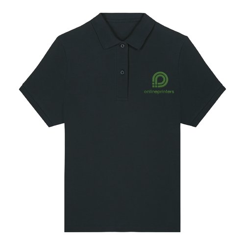 Black organic cotton women's polo shirt with short sleeves.