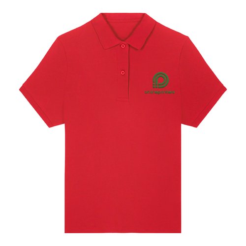 Red women's polo shirt in organic cotton with short button placket.
