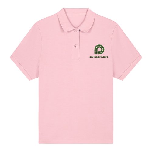 Pink organic cotton polo shirt for women with short sleeves.