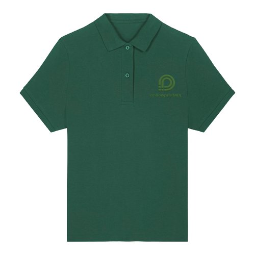 Green women's polo shirt in cotton with short sleeves and button placket.