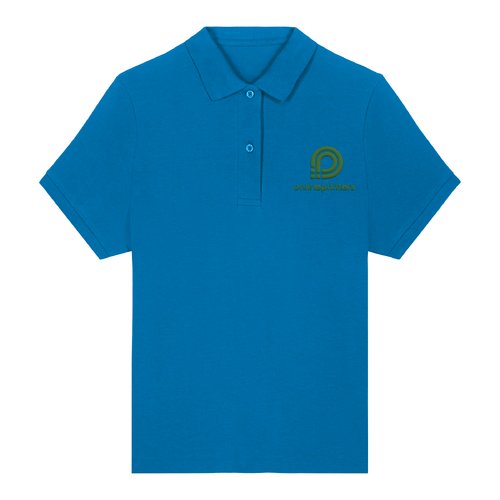 Royal blue women's polo shirt in organic cotton with a short button placket.