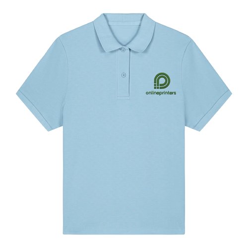 Sky blue women's polo shirt in organic cotton with short button placket.