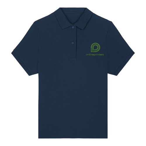 Navy blue women's polo shirt made of organic cotton with short sleeves.