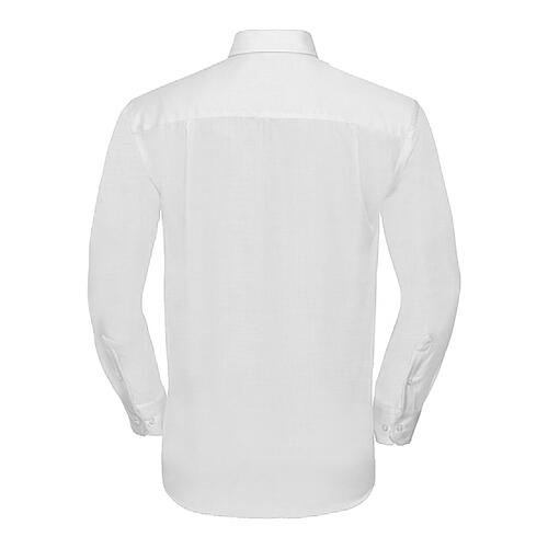 White cotton men's shirt with long sleeves and non-iron finish.