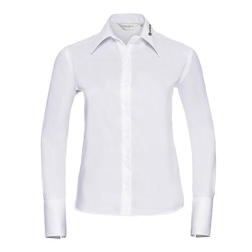 White fabric women's blouse with long sleeves.