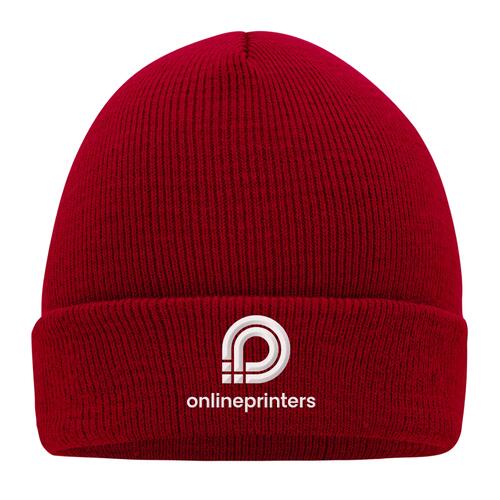 Burgundy knitted hat made of soft material.