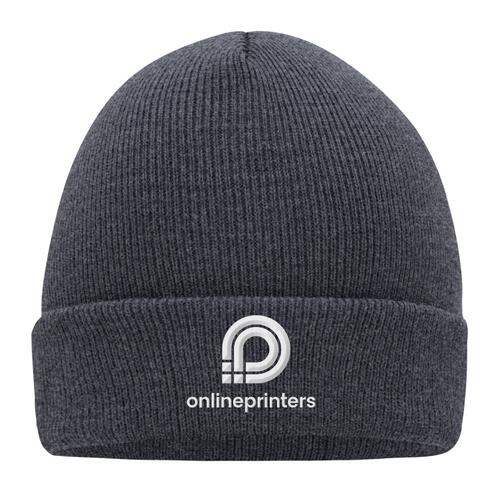 Gray knitted hat made of warm material with a ribbed pattern.