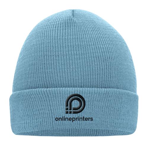 Light blue knitted hat made of soft material.
