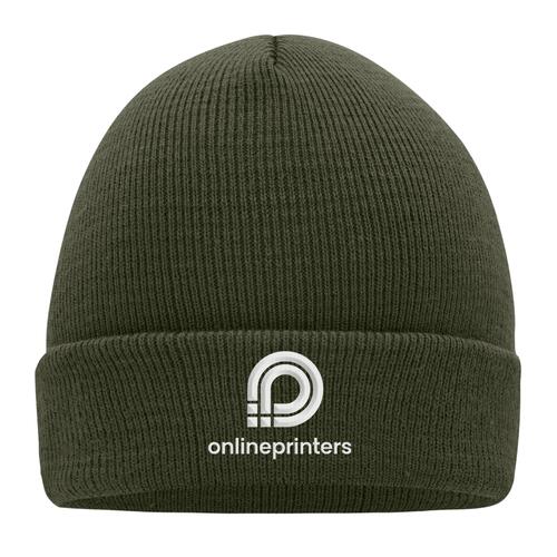 Olive green knit beanie made of stretchy material with ribbed fold-up brim.