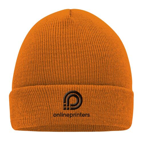 Orange knitted wool hat with ribbed texture.