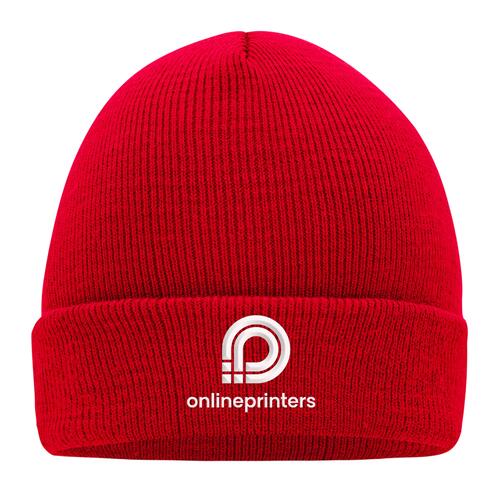 Red knitted hat made of stretchy material for a good fit.
