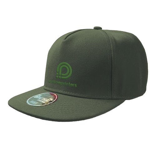 Green fabric snapback cap with flat brim and adjustable closure.