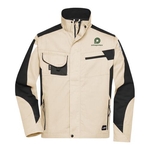 Beige/Black work jacket made of polyester and cotton with stand-up collar and several pockets.