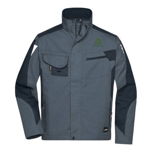 Dark gray polyester-cotton blend work jacket with zipper and multiple pockets.