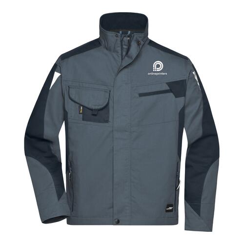 Dark gray polyester-cotton blend work jacket with zipper and multiple pockets.