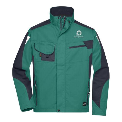 Dark green and black work jacket made of polyester-cotton blend with multiple pockets.