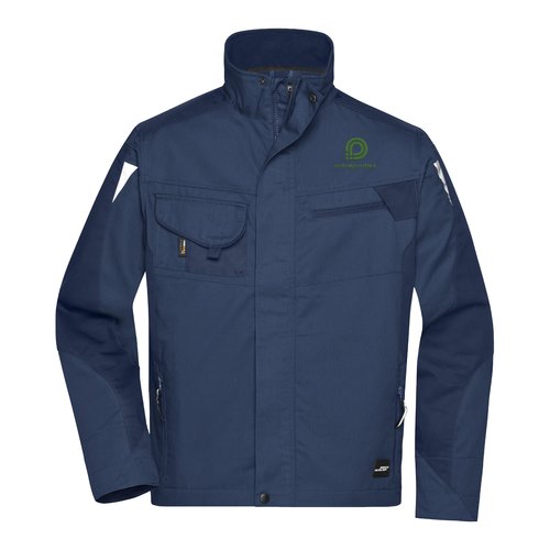 Navy blue polyester-cotton blend work jacket with multiple pockets.