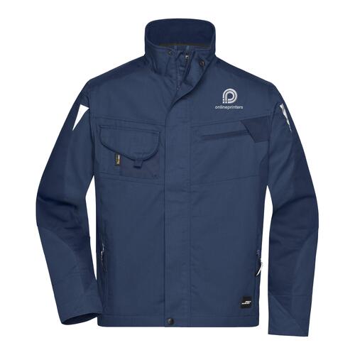 Navy blue polyester-cotton blend work jacket with multiple pockets.