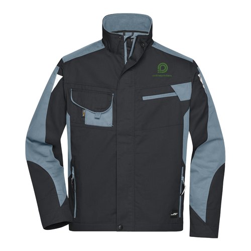 Unisex work jacket made of durable material with zipper and multiple pockets.
