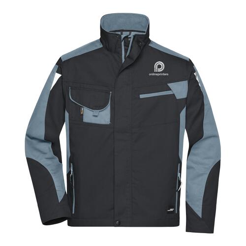 Unisex work jacket made of durable material with zipper and multiple pockets.