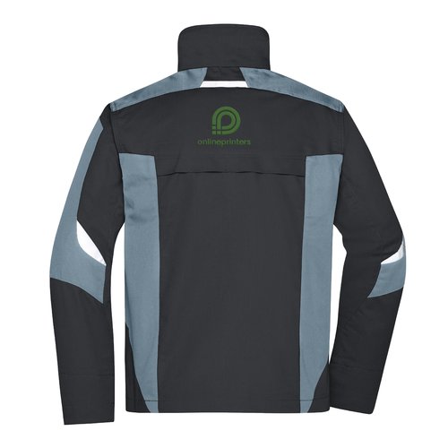 Black and gray blended fabric work jacket with full zipper and side pockets.