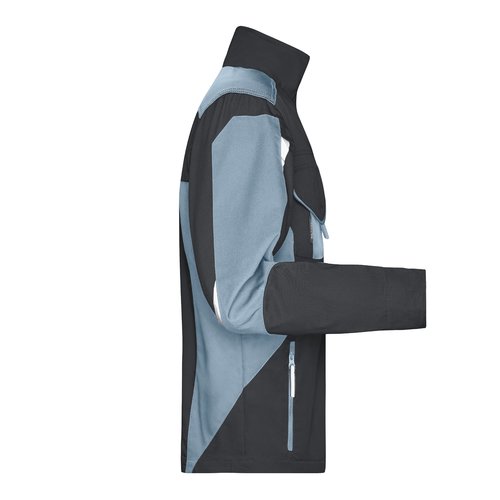 Black and grey polyester-cotton blend work jacket with zipper and multiple pockets.