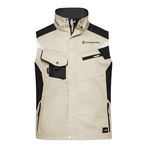 Beige/Black work vest made of polyester-cotton blend with multiple pockets.
