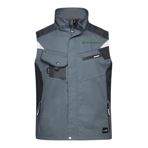 Dark gray polyester-cotton blend work vest with multiple pockets and zipper.