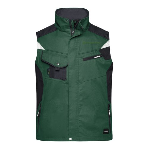 Dark green polyester-cotton work vest with multiple pockets.