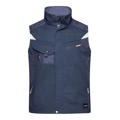Navy blue work vest in a polyester-cotton blend with full zipper and multiple pockets.
