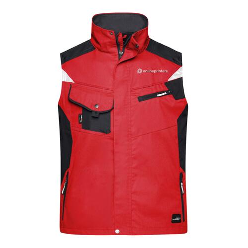 Red polyester-cotton blend work vest with multiple pockets.