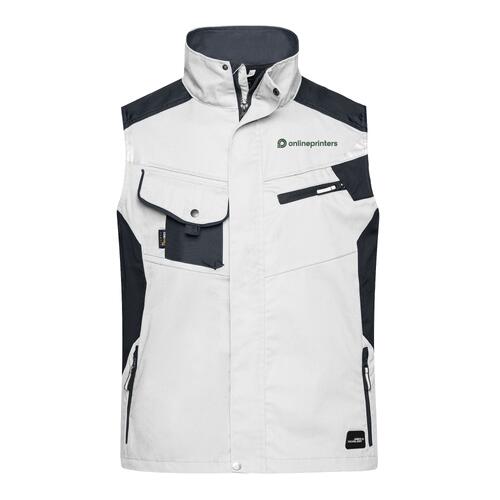 White and gray polyester-cotton work vest with pockets.