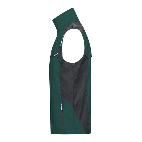 Dark green/black work vest made of polyester-cotton blend with zipper pockets.