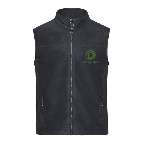 Dark gray/black polyester fleece vest with full zipper and side pockets.