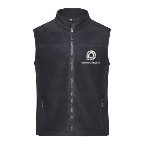 Dark gray/black polyester fleece vest with full zipper and side pockets.