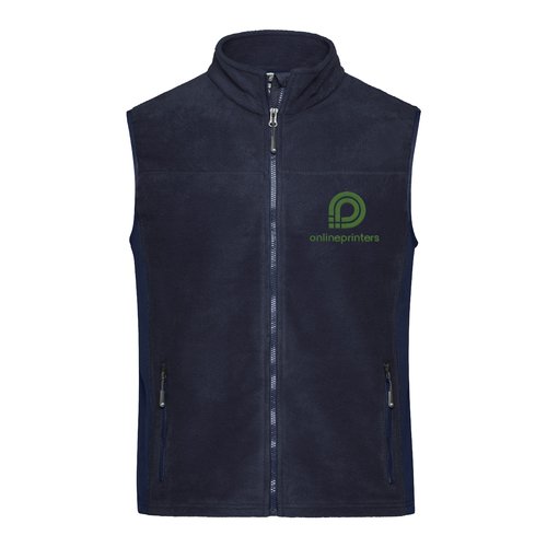 Navy blue polyester fleece vest with full zipper and side pockets.