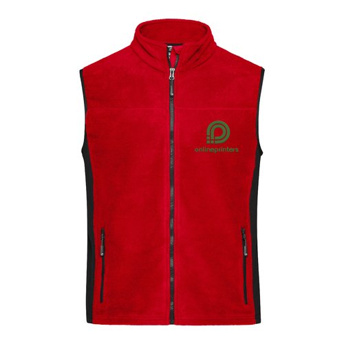 Red polyester fleece vest with full zipper and side pockets.