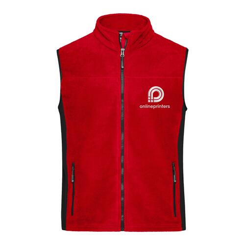 Red polyester fleece vest with full zipper and side pockets.