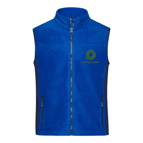 Blue polyester fleece vest with full zipper and side pockets.