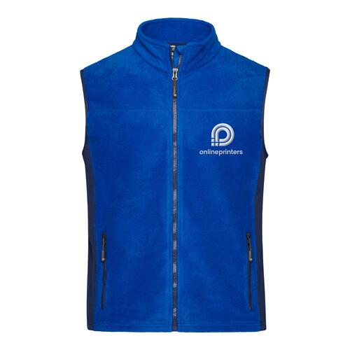 Blue polyester fleece vest with full zipper and side pockets.
