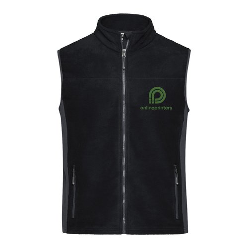 Black and gray polyester fleece vest with a full zipper.