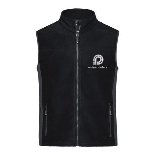 Black and gray polyester fleece vest with a full zipper.