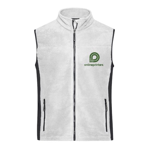 White polyester fleece vest for men with full zipper and side pockets.