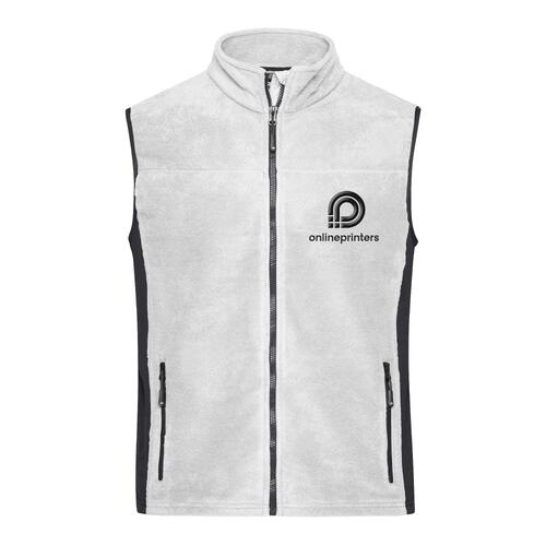 White polyester fleece vest for men with full zipper and side pockets.