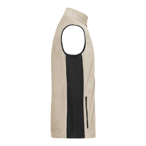 Beige/black polyester fleece vest with zipped pocket.