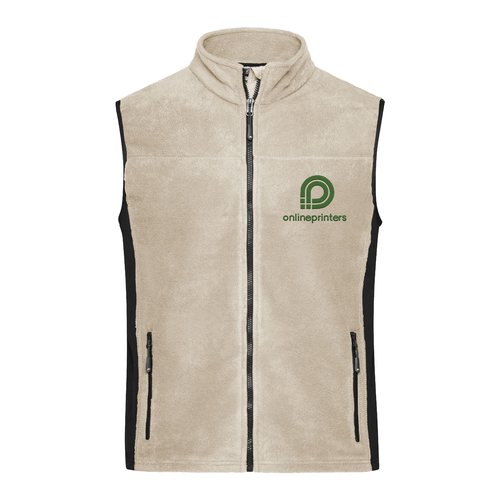 Beige fleece vest with full zipper and side pockets.