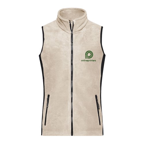 Beige women's fleece vest with full zipper and side pockets.