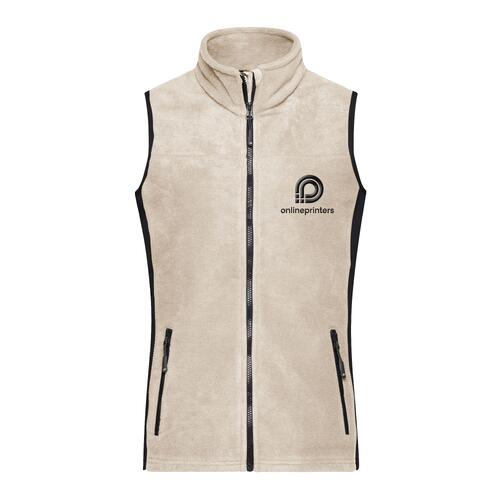 Beige women's fleece vest with full zipper and side pockets.