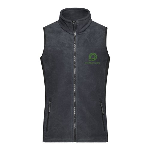 Dark grey polyester fleece vest with full zipper and side pockets.