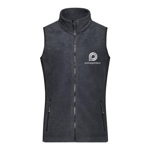 Dark grey polyester fleece vest with full zipper and side pockets.